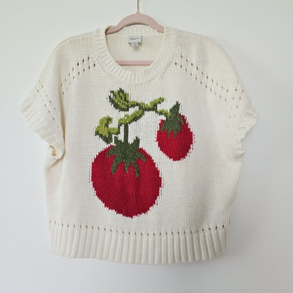 Anthropologie Maeve Crewneck Veggie Motif Tomato Sweater Size Small - Picture 2 of 9